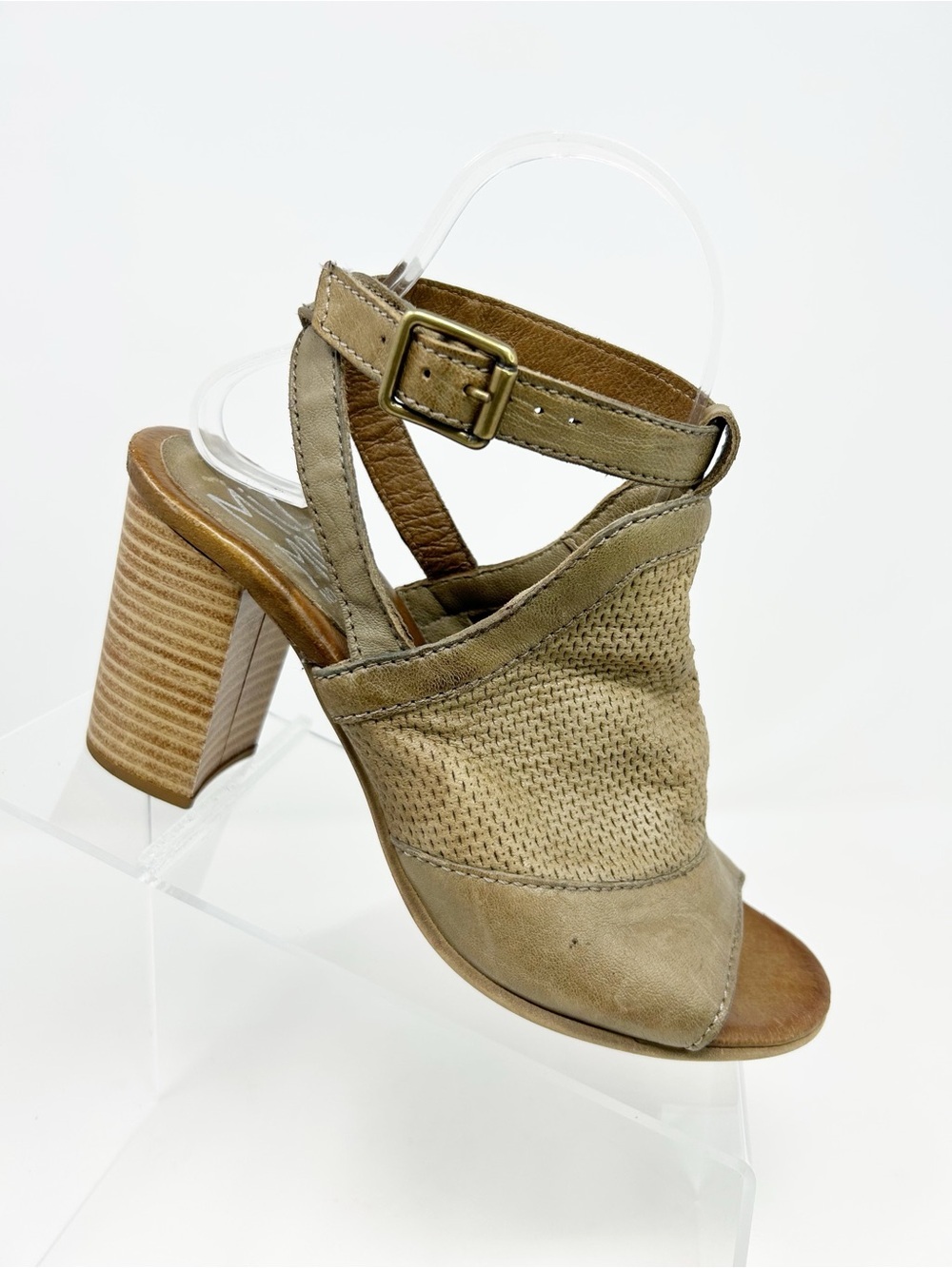 Miz Mooz Shiloh Peep Toe Ankle Strap Block Heel Sandals Beige Taupe Olive 38